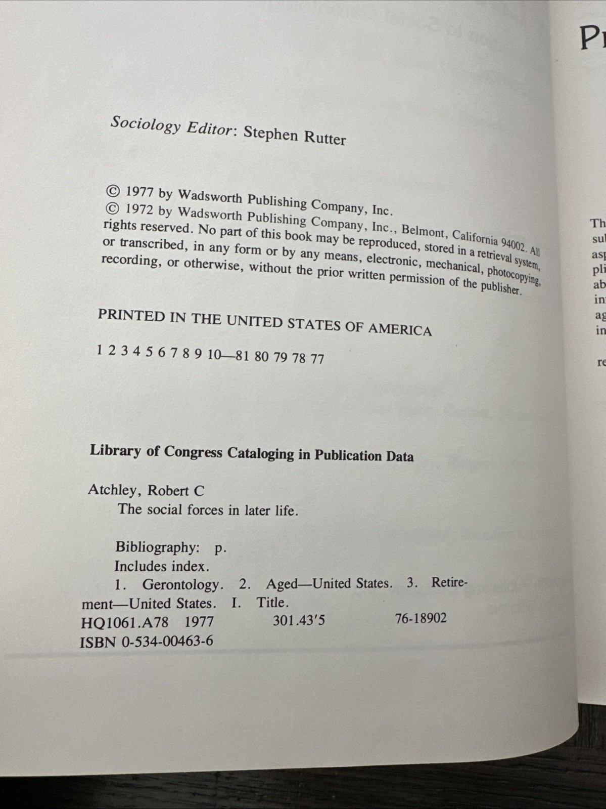 The Social Forces in Later Life Second Edition – Robert C Atchley 1972 Hardcover