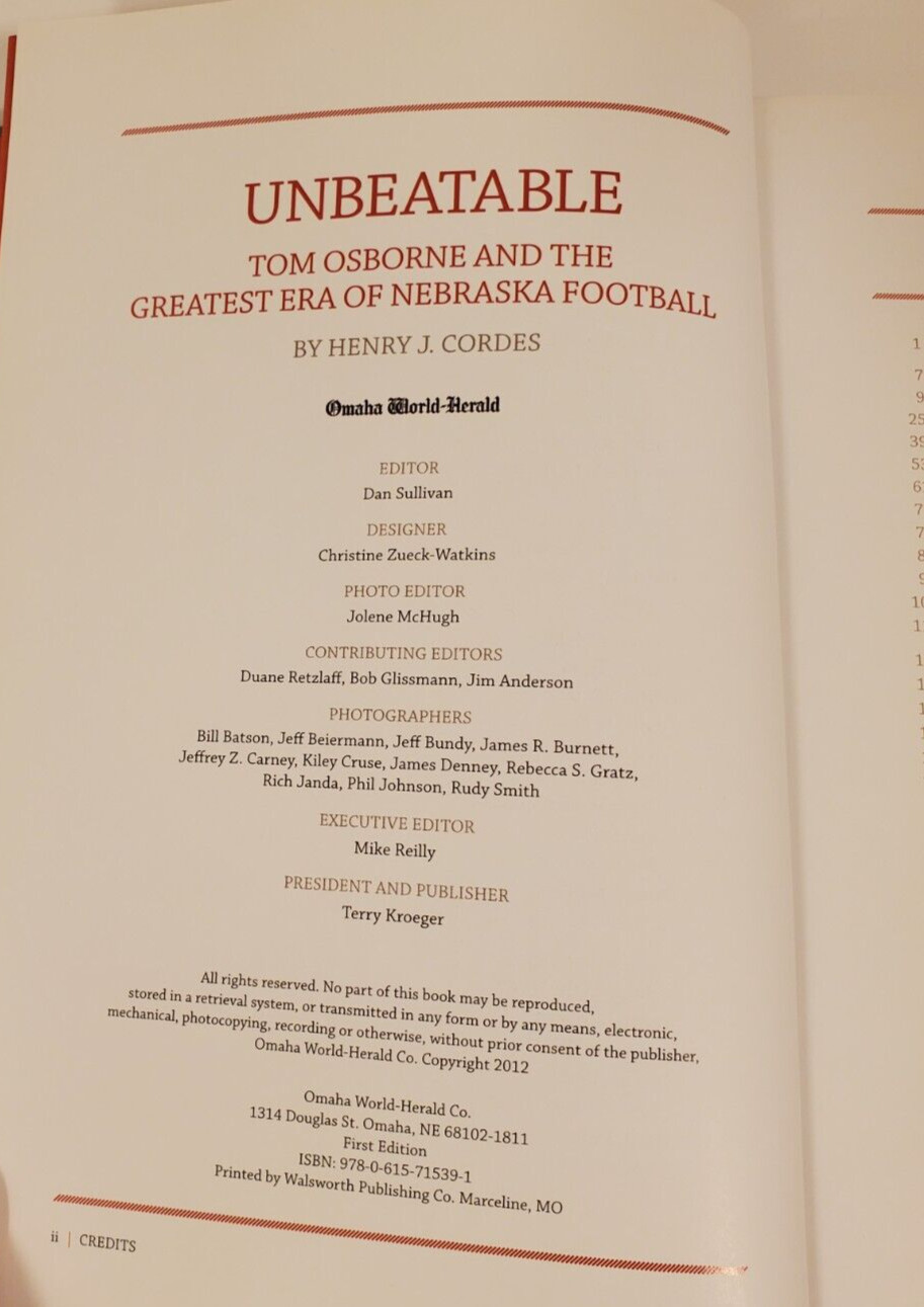 Unbeatable by Henry Cordes Hardcover Book Signed, Nebraska Cornhuskers Football