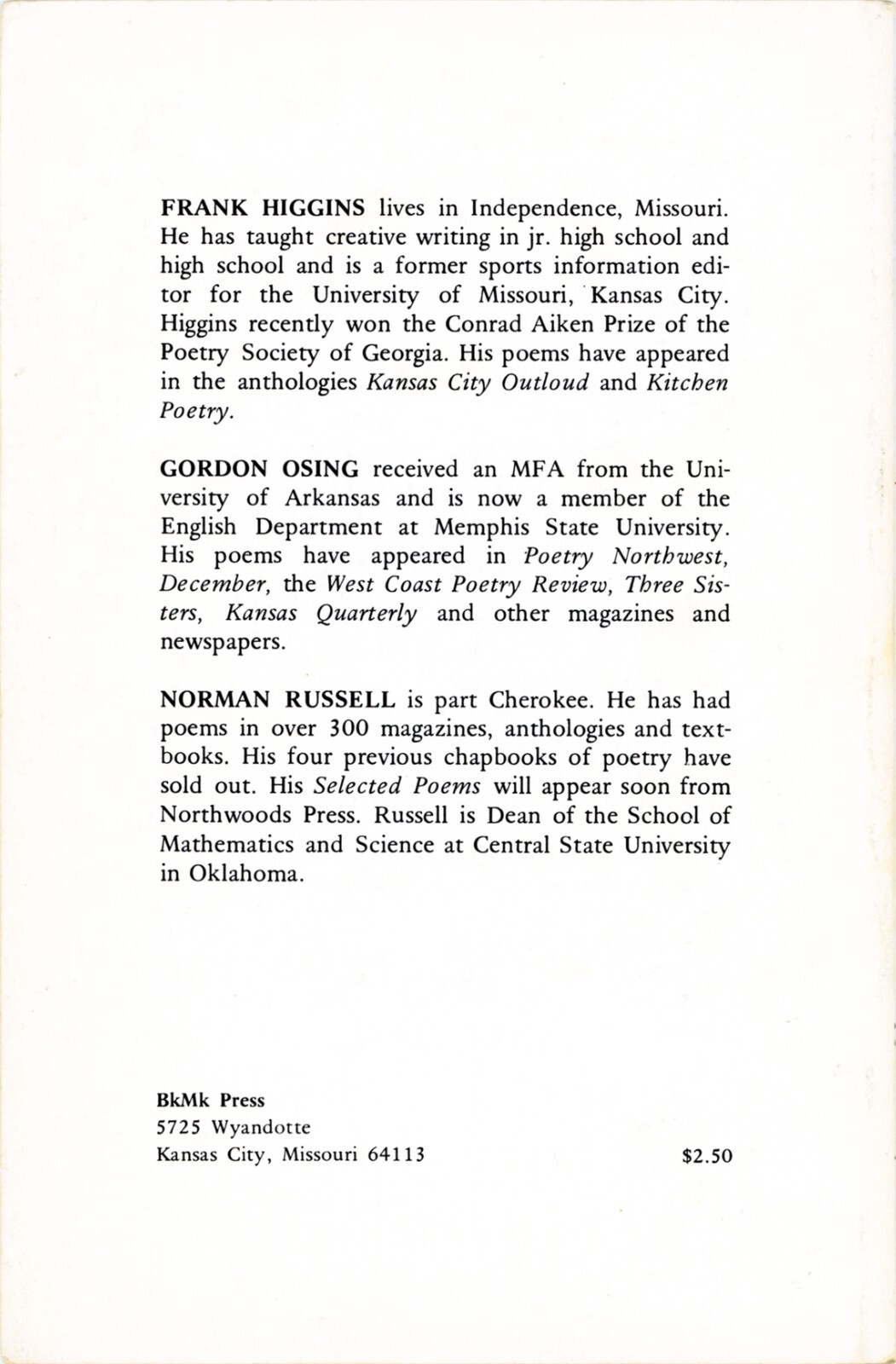 Three BkMk Poets: Frank Higgins, Gordon Osing & Norman H. Russell (1975 Vintage)