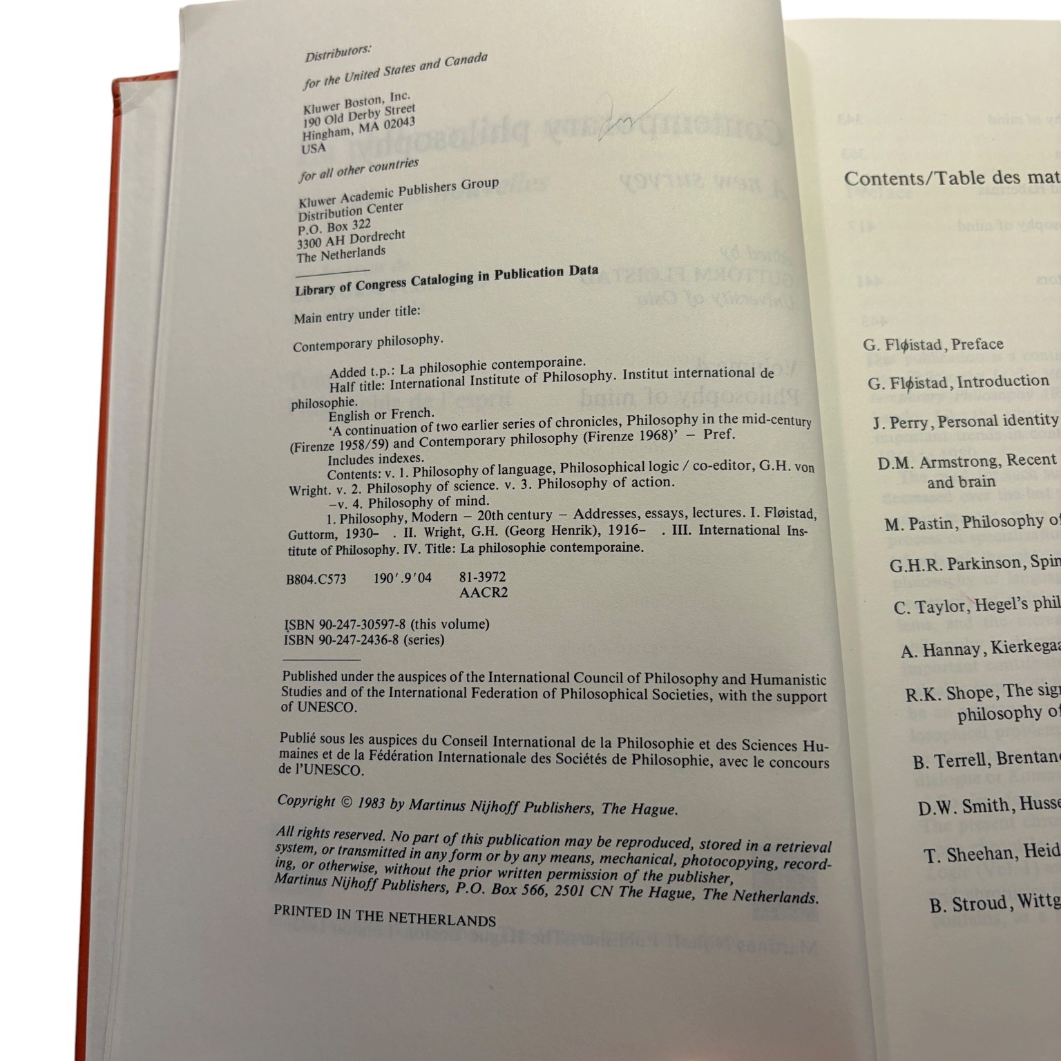 Contemporary Philosophy Volume 4 Philosophy of Mind Fløistad 1983 Nijhoff