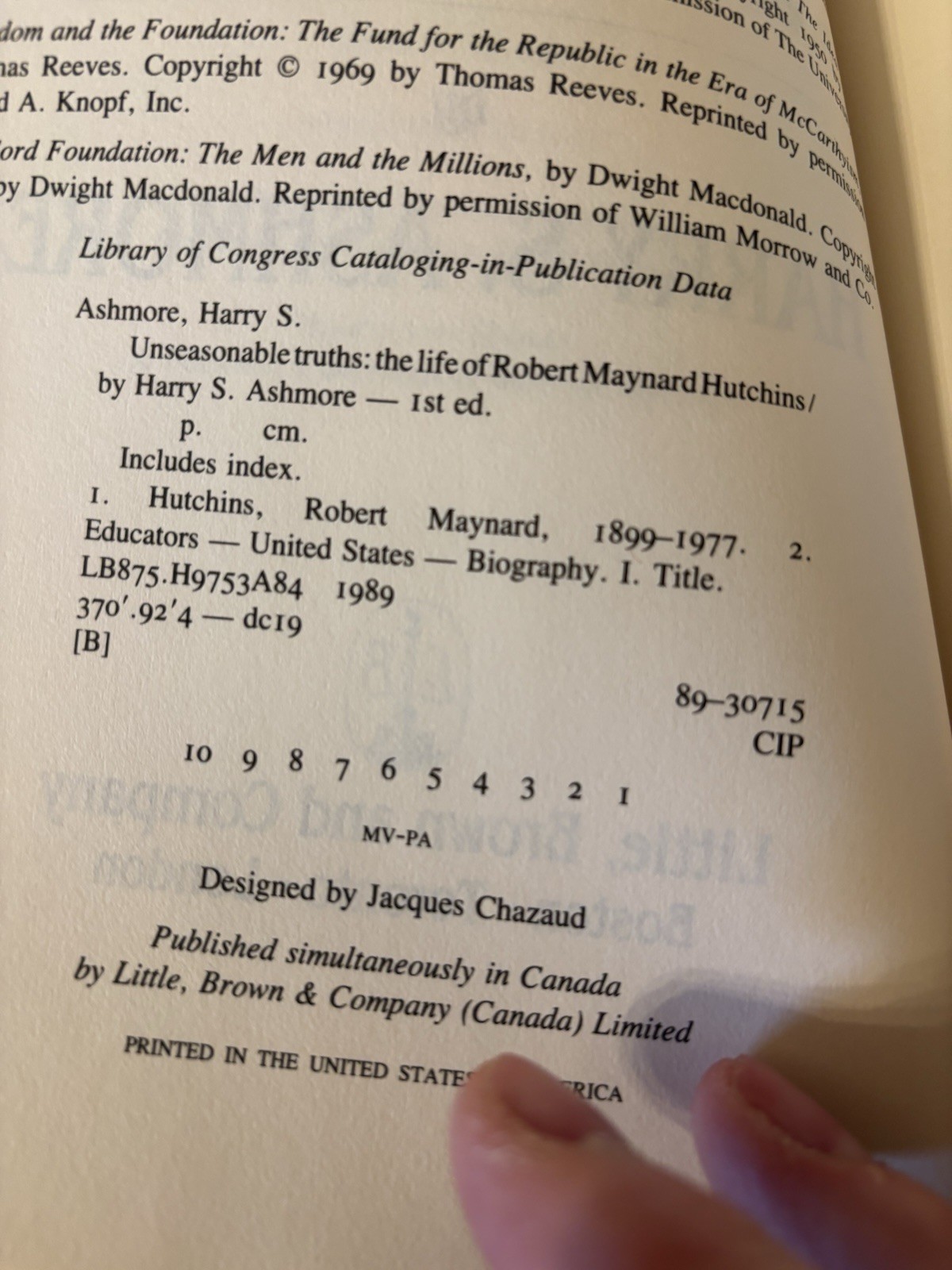 Unreasonable Truths. Harry Ashmore. 1st HC Ptg. LB 1989 Near Fine