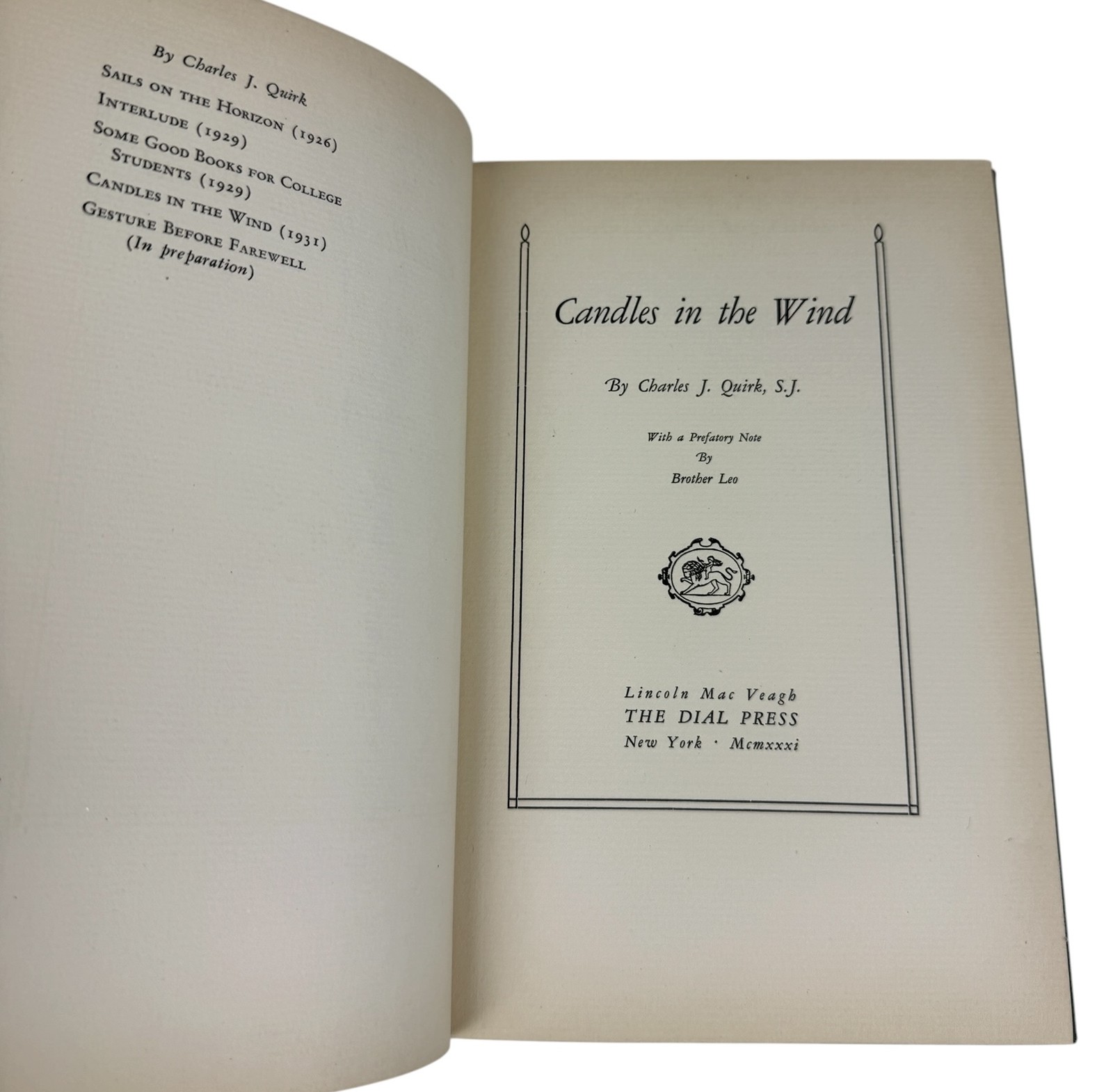 Candles in the Wind by Charles J. Quirk S.J. 1931 Poetry Book The Dial Press