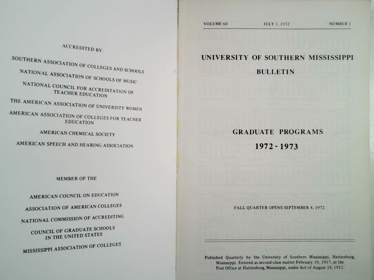 USM Bulletin Graduate Programs 1972-73 University Southern Mississippi Catalog