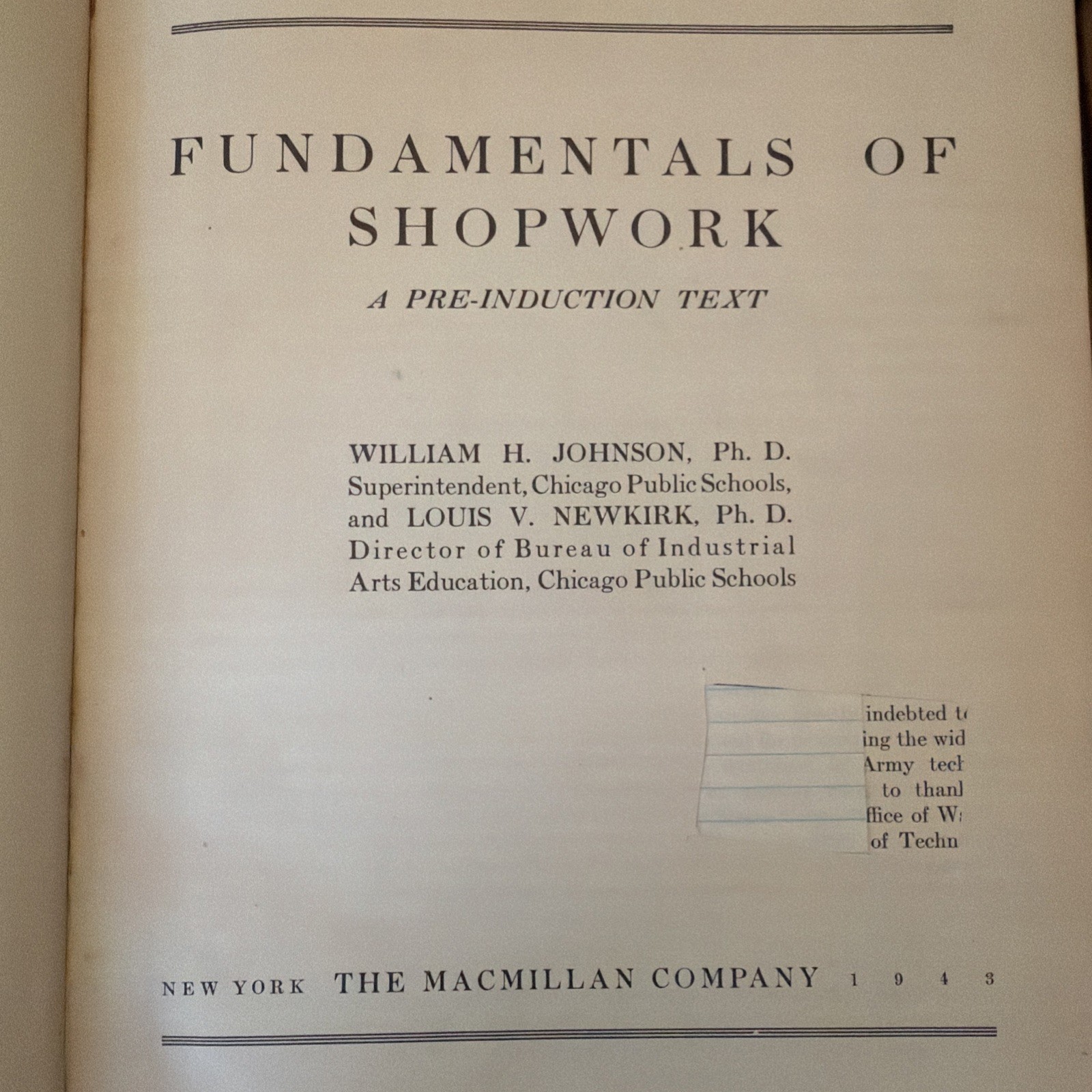 Fundamentals of Shopwork by William H. Johnson & Louis V. Newkirk 1943, HC War