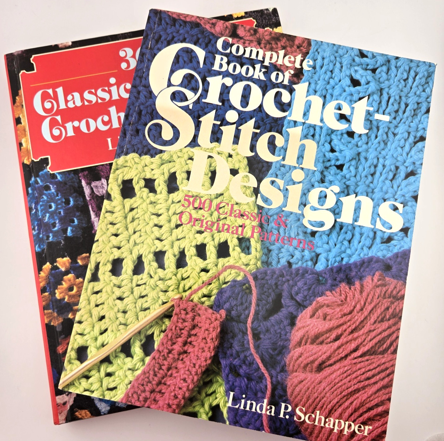 Lot of 2 Crochet Books by Linda P Schapper 1985 & 1987 Stitch Designs, Blocks