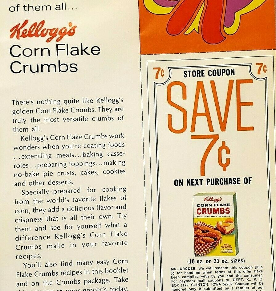 VINTAGE 1971 KELLOGG’S CORN FLAKE CRUMBS COUPON $0.07 CENTS AND AD PAGE