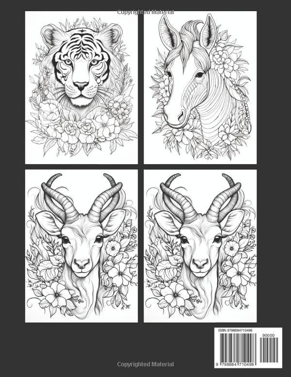 Animals in Flowers Adult Coloring Book 100 Page Large Print Easy