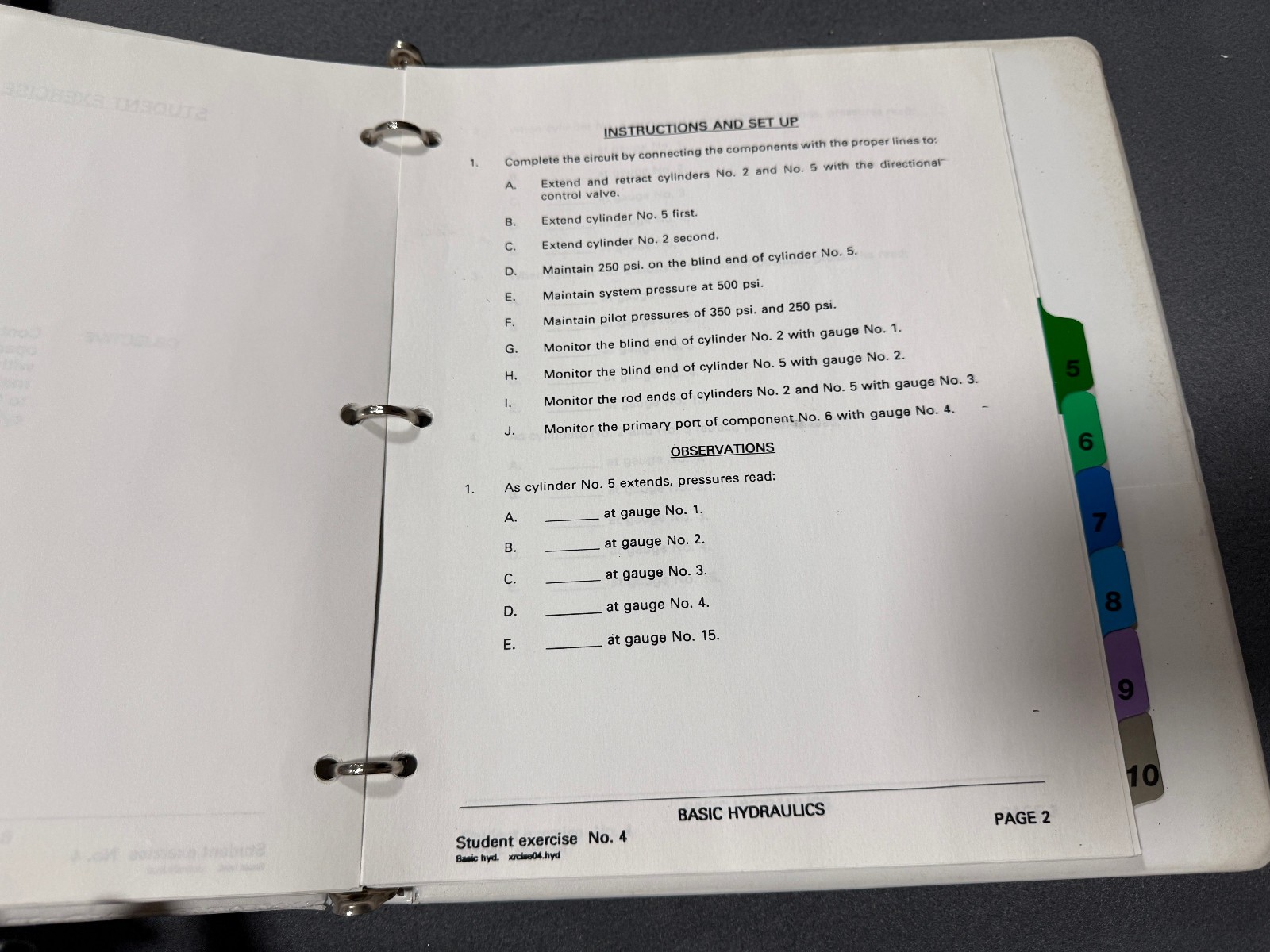 ESW EDUCATIONAL SYSTEM WORKSHOPS BASIC HYDRAULICS STUDENT EXCERCISES BINDER