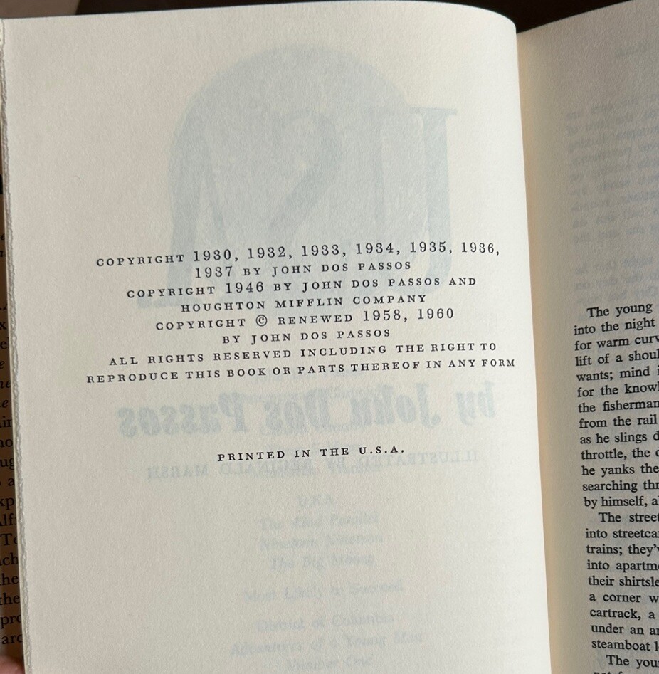 USA Trilogy by John Dos Passos; The 42nd Parallel; 1919; The Big Money 1960 HCDC