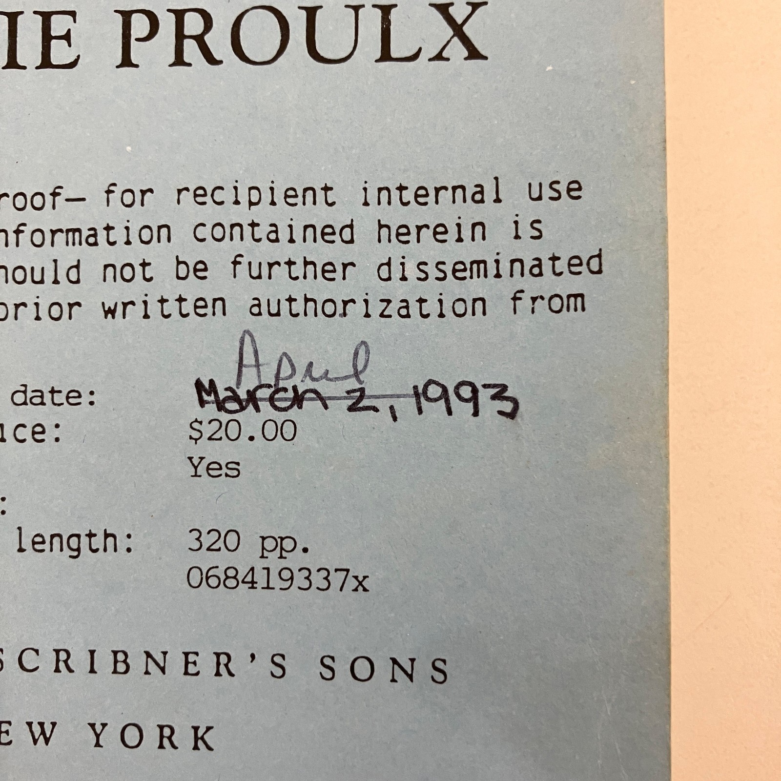 The Shipping News E Annie Proulx Uncorrected Advance Proof 1993 TPB Scribner’s