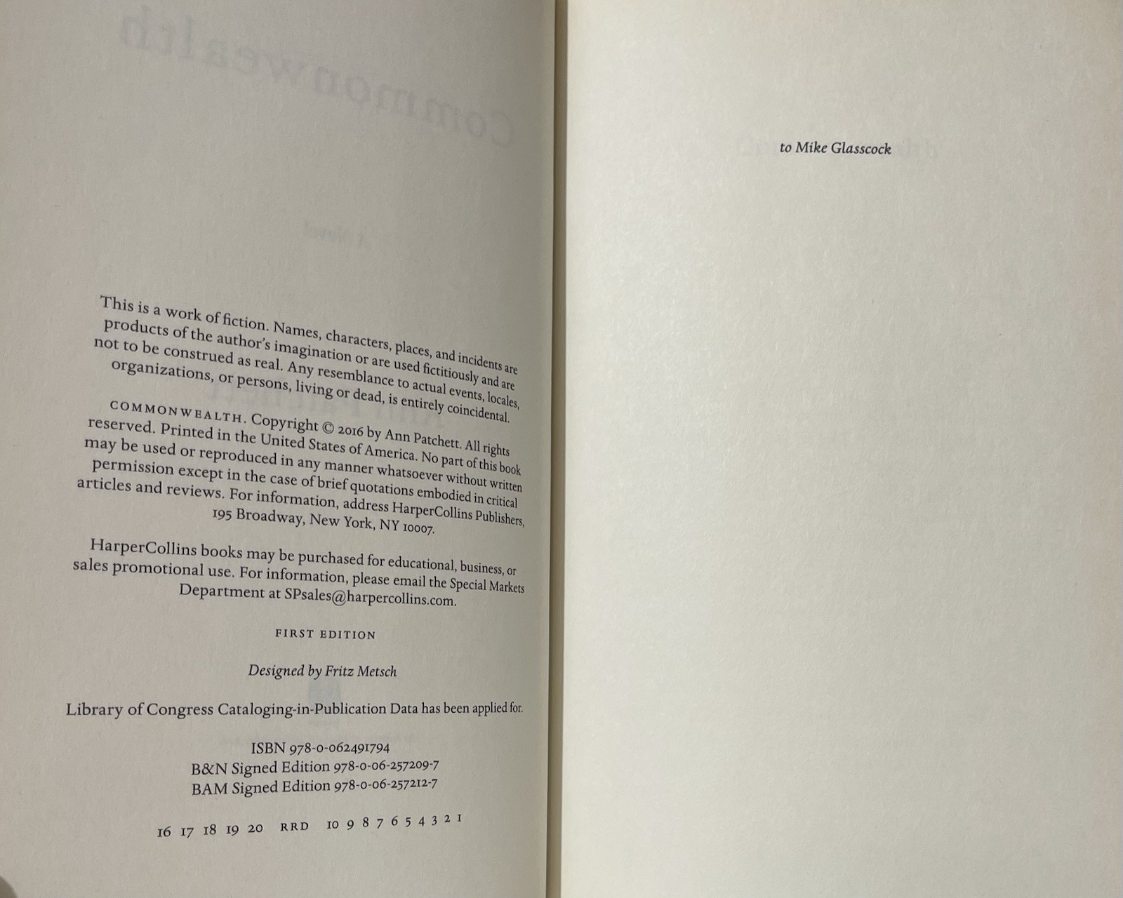 Commonwealth a novel by Ann Patchett – Signed First Edition HCDJ 2016