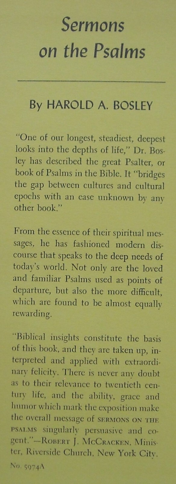 SERMONS ON THE PSALMS ~ HAROLD A BOSLEY ~ HARDBACK ~ 1956 ~ VG