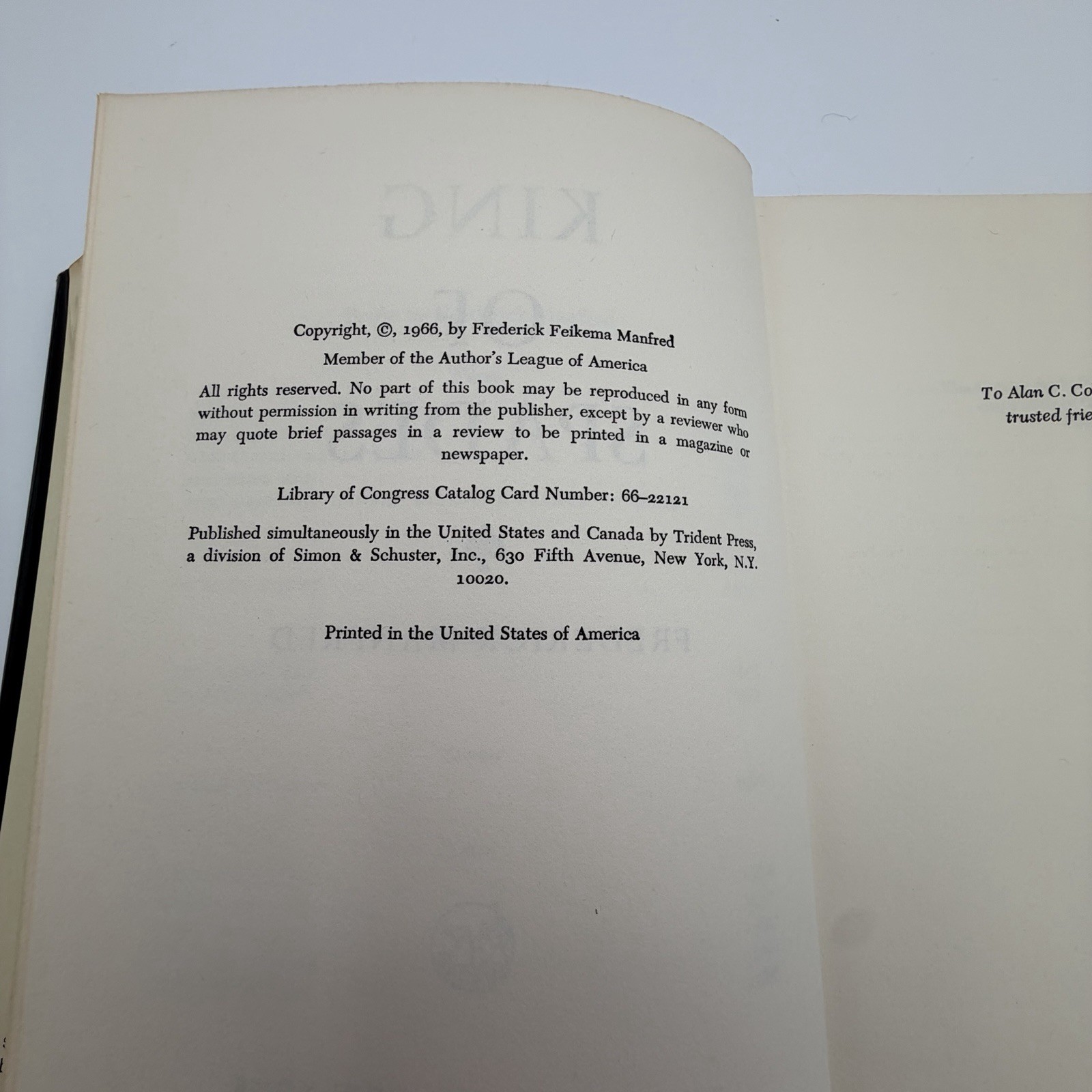 King of Spades by Frederick Manfred HCDJ 1st First Edition Trident Press 1966