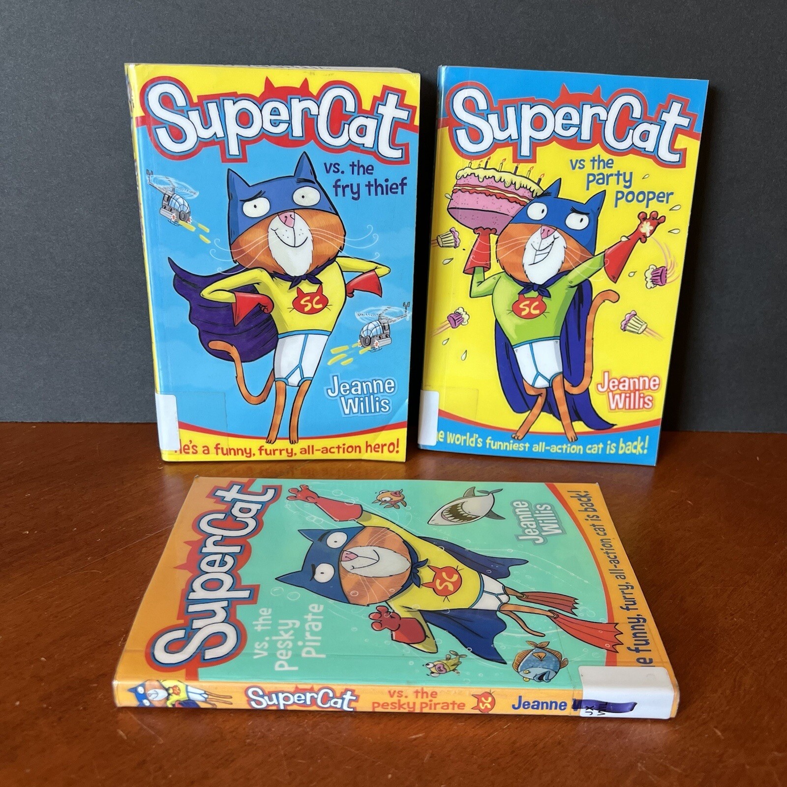 Lot: Supercat Books 1 2 3 Jeanne Willis vs Fry Thief Party Pooper Pesky Pirate