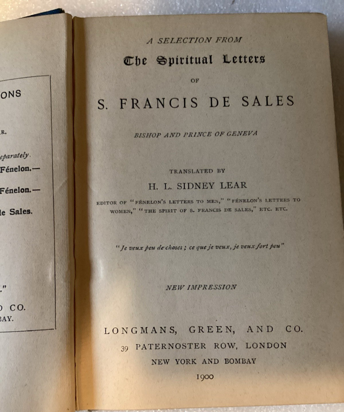 THE SPIRITUAL LETTERS OF S. FRANCIS DE SALES/LEAR/VERY GOOD 1900 LONGMANS HC