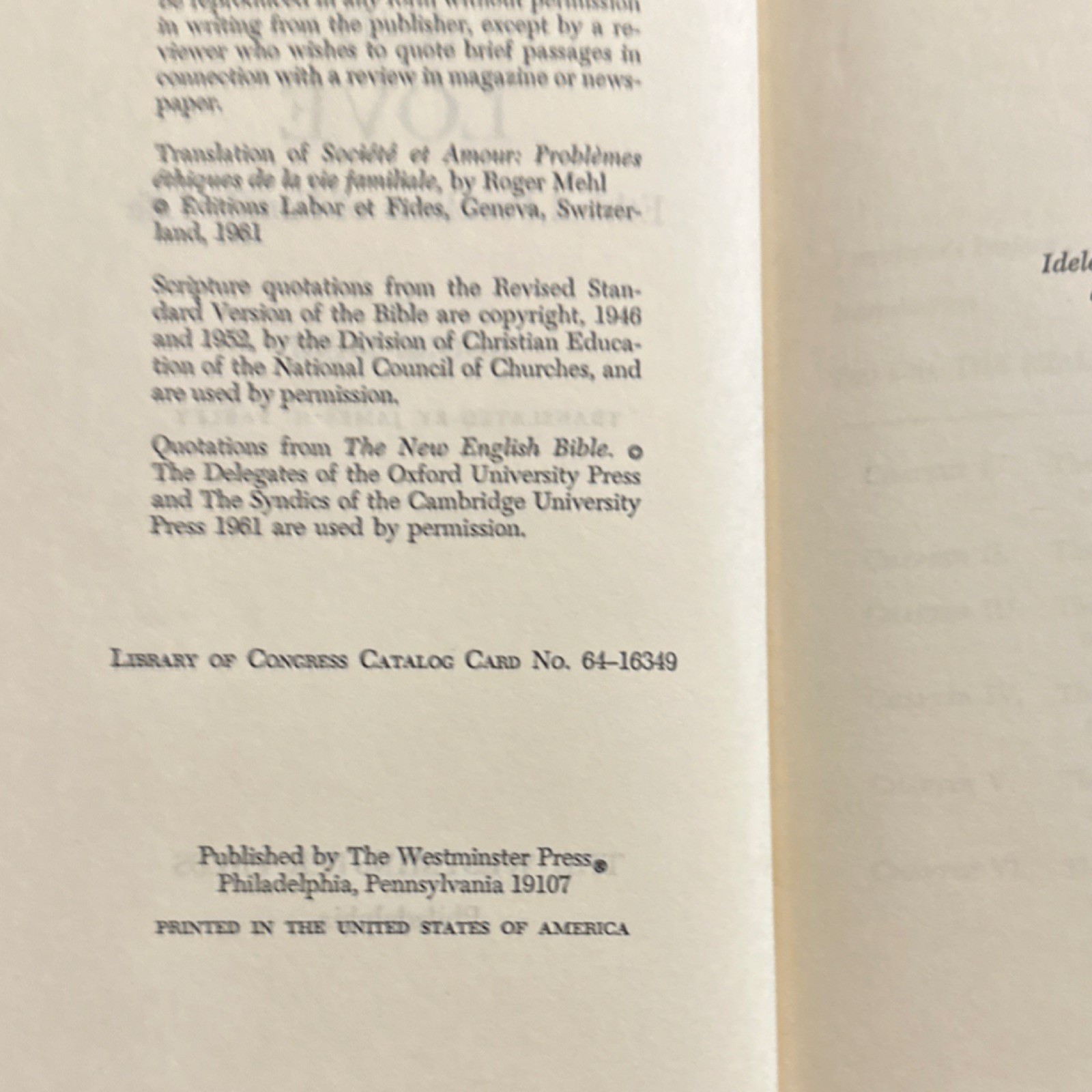 Society and Love Roger Mehl Hardcover The Westminster Press 1964 Vintage