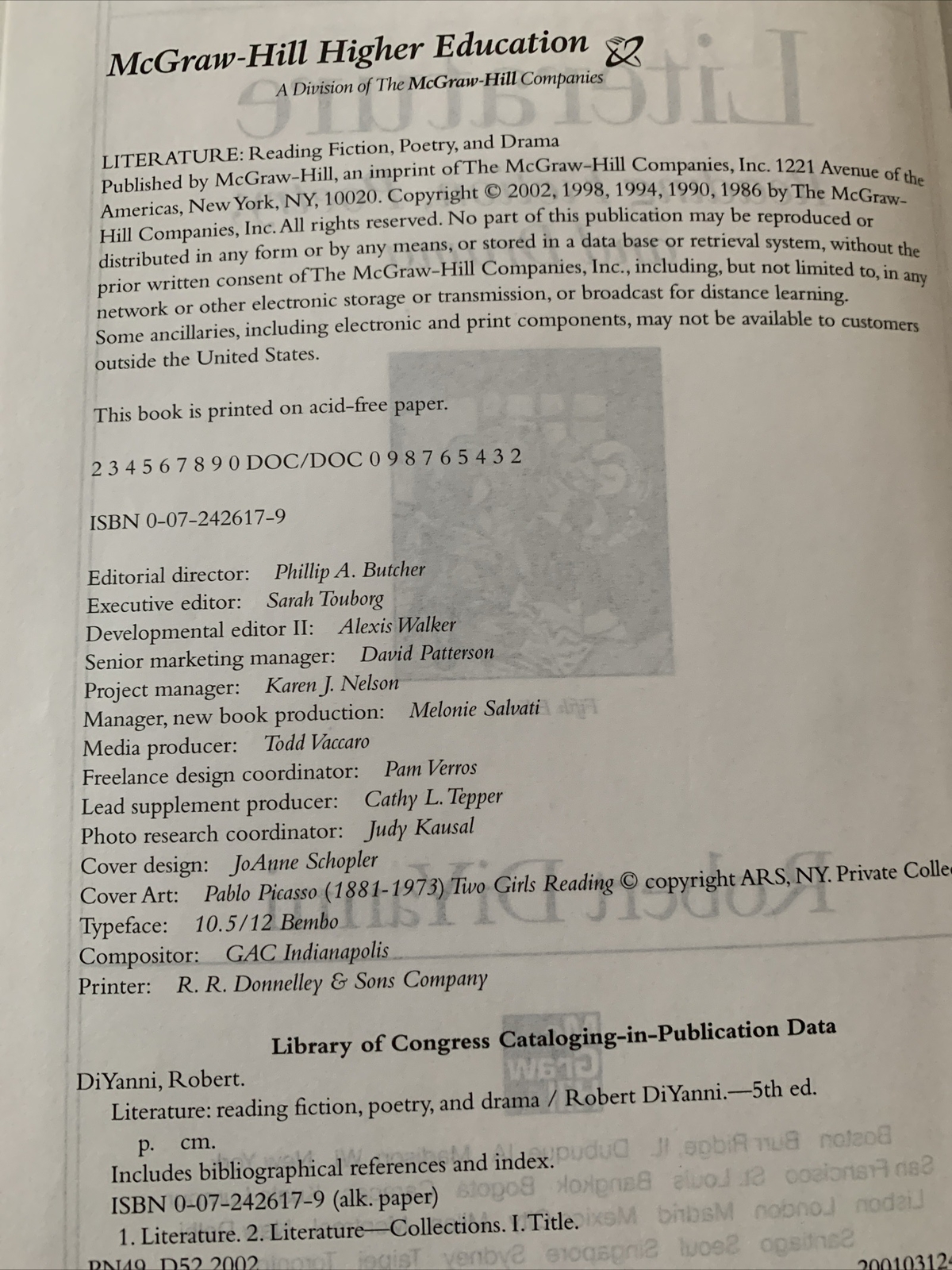 Literature Reading Fiction, Poetry and Drama 5th edition Roberty Diyanni