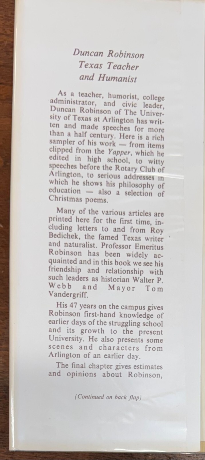 Duncan Robinson: Texas Teacher & Humanist Signed 1976 Hardcover 1st. Ed.
