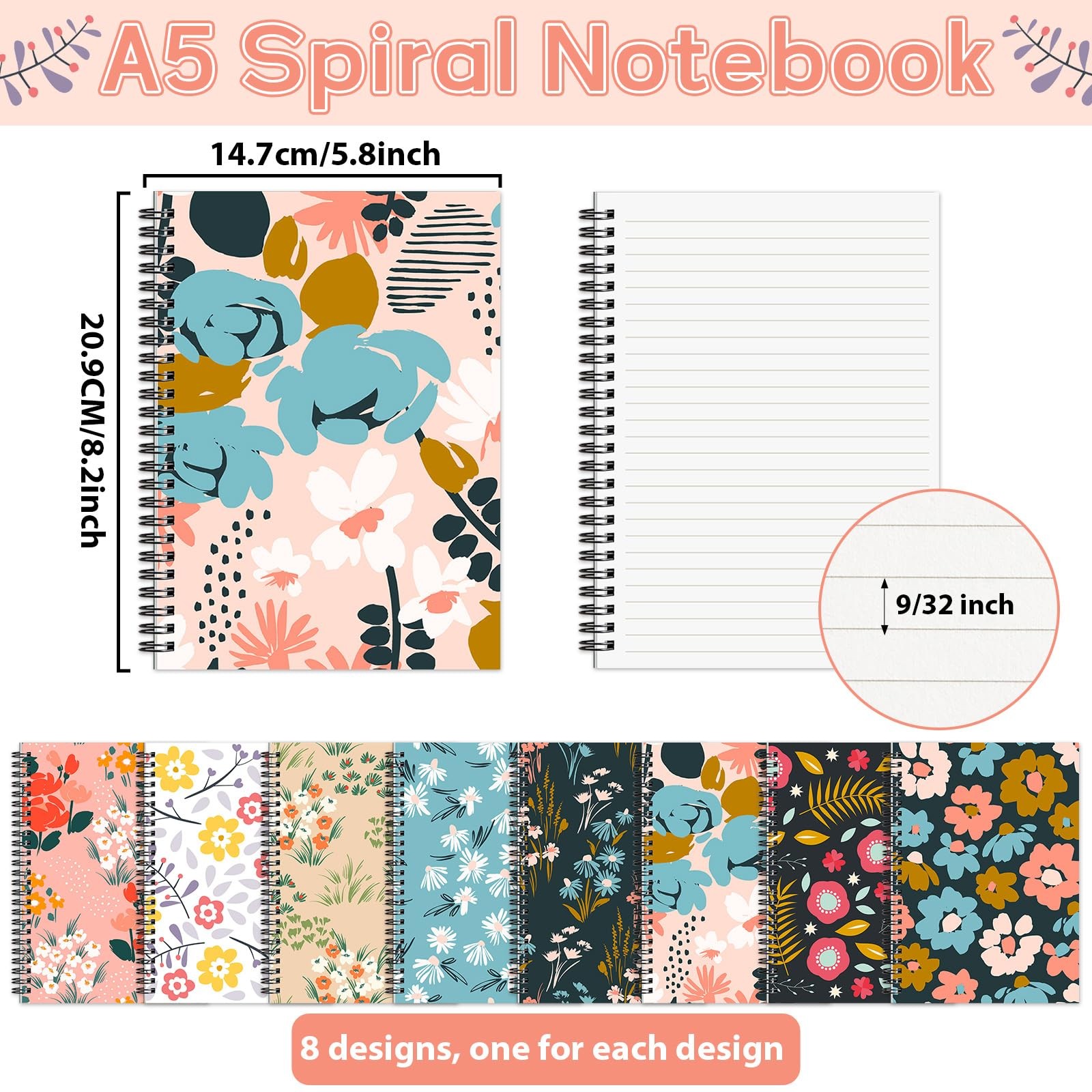 8 Pack Spiral Notebook A5 8.3 x 5.7 Inch College Ruled Spiral Journal Noteboo…