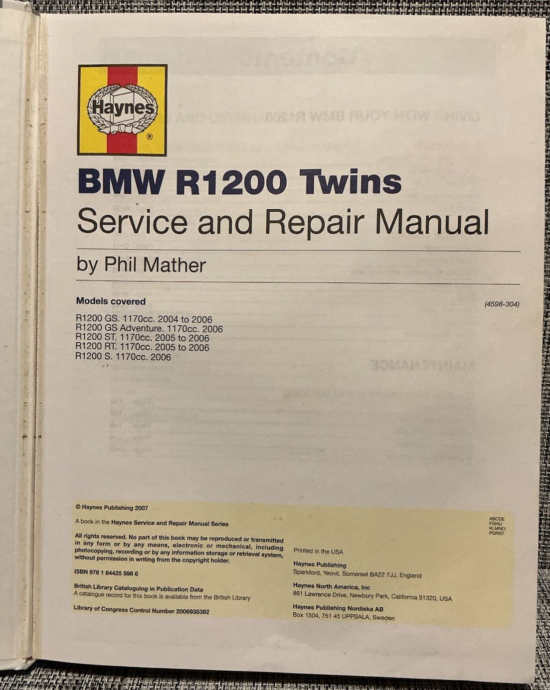 Haynes 4598 BMW R1200 Twins ‘04 to ‘06 Repair Service Manual Used