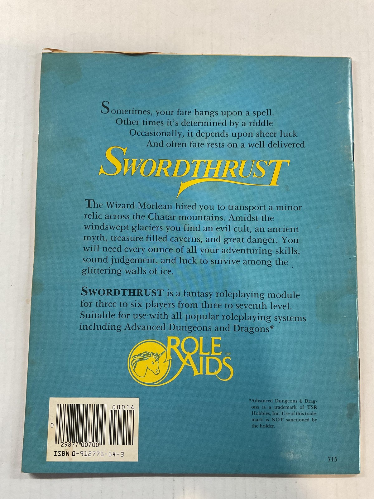 Role Aids Swordthrust RPG Module Adventure 3-6 Players Levels 3-7 0-912771-14-3