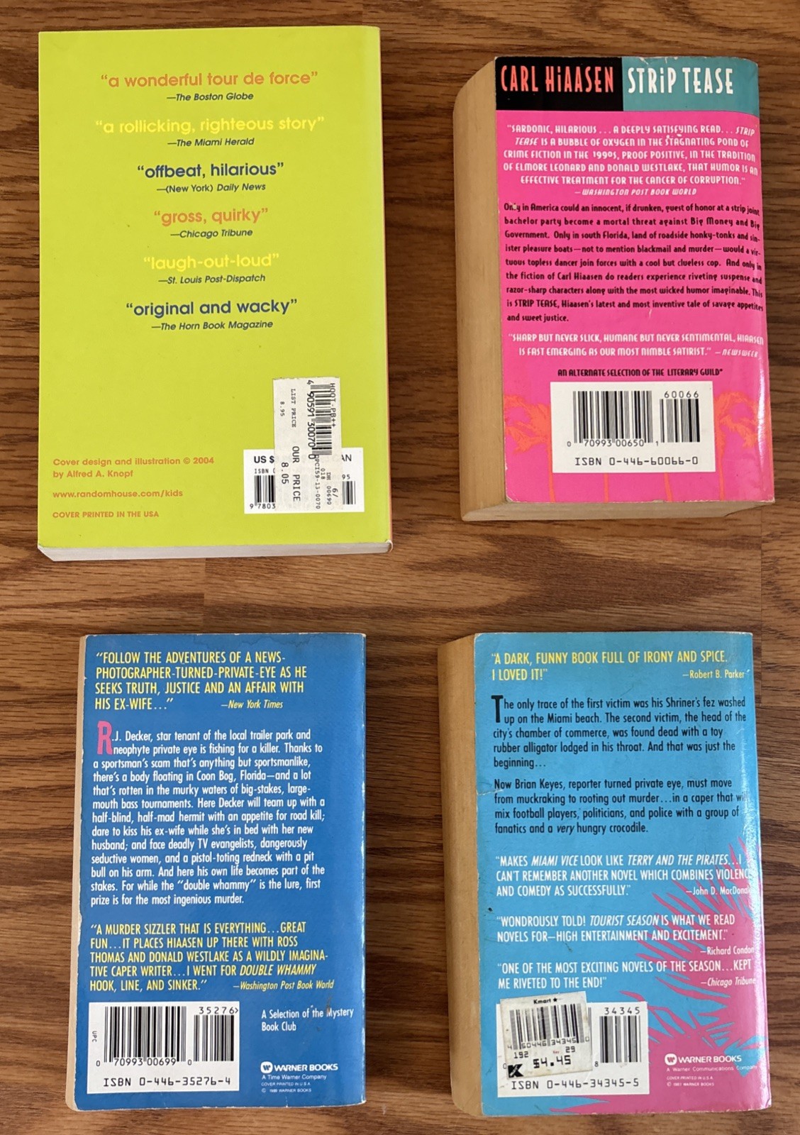 Set of 4 Paperbacks by Carl Hiaasen – Tourist Season, Hoot, Strip Tease, Double