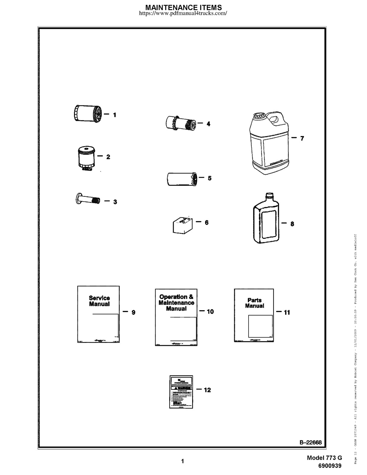 BOBCAT 773 G-Series Skid Steer Parts Manual 2009 SN 500K11001 Up – WIRE BOUND