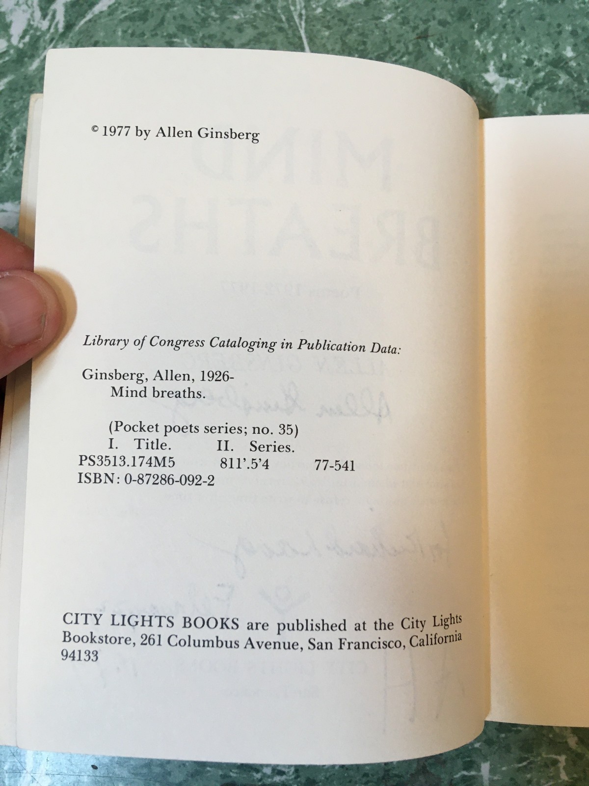 ALLEN GINSBERG Mind Breaths pb City Lights 1977 SIGNED