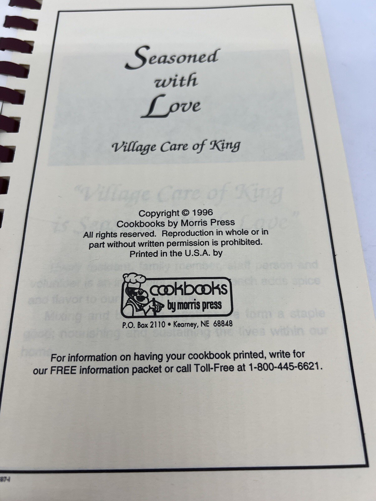 1996 Cookbook “Seasoned With Love” By Village Care Of King 188 Pages King, NC
