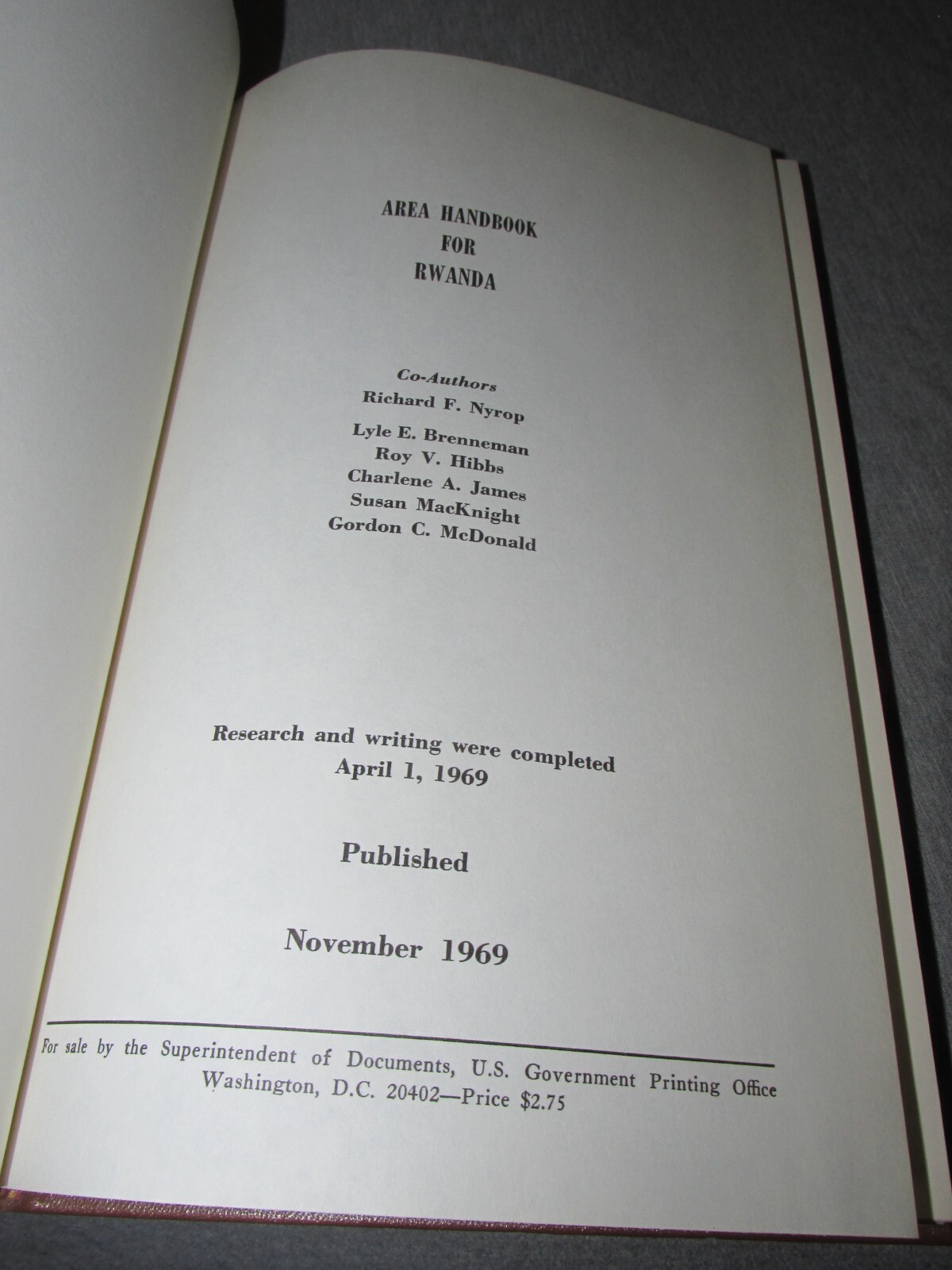 AREA HANDBOOK FOR RWANDA 11/1969 DA PAM 550-82 Hardback