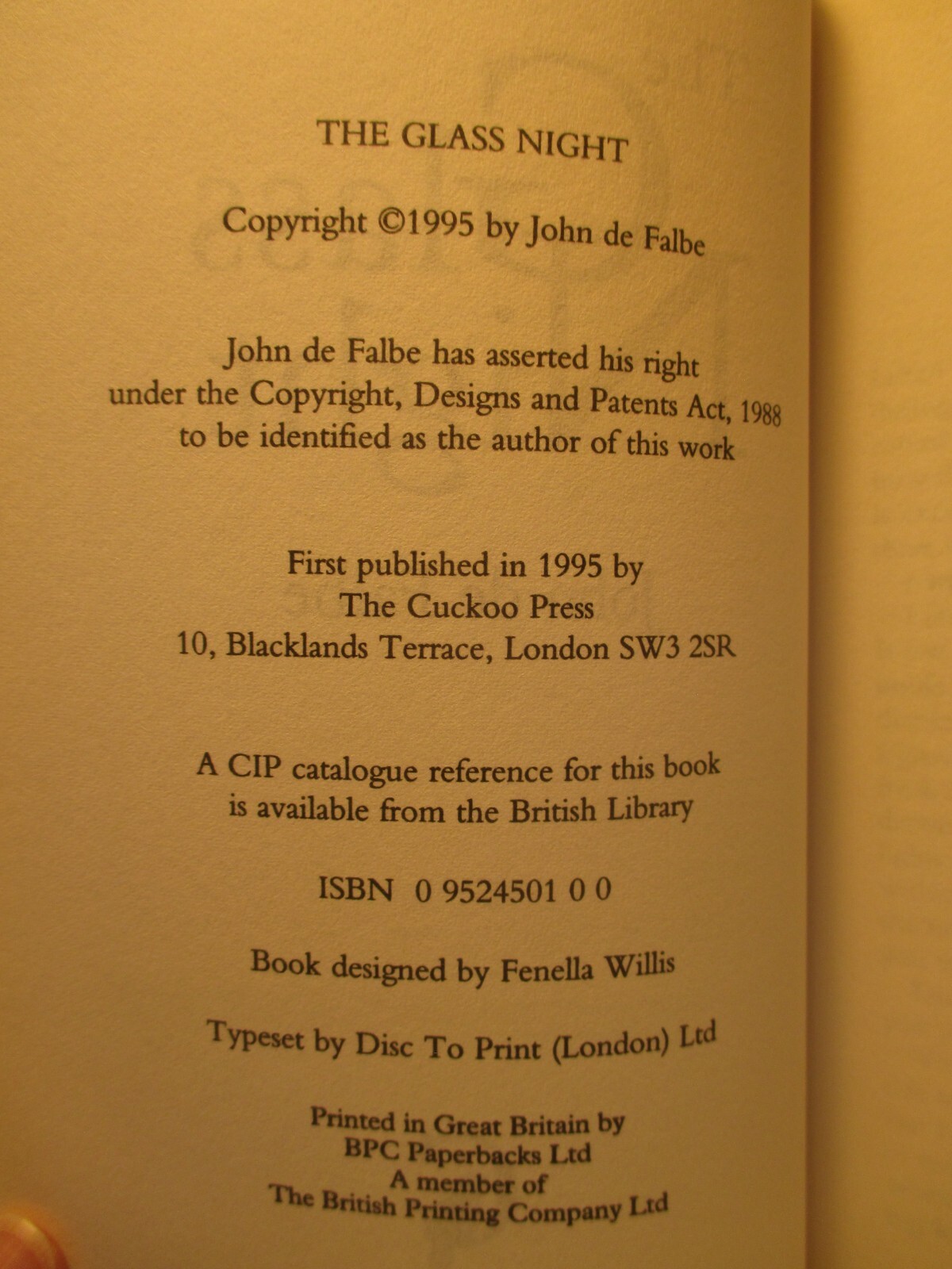 fiction GLASS NIGHT signed bookplate by JOHN DE FALBE 1995 pb Cuckoo Press UK