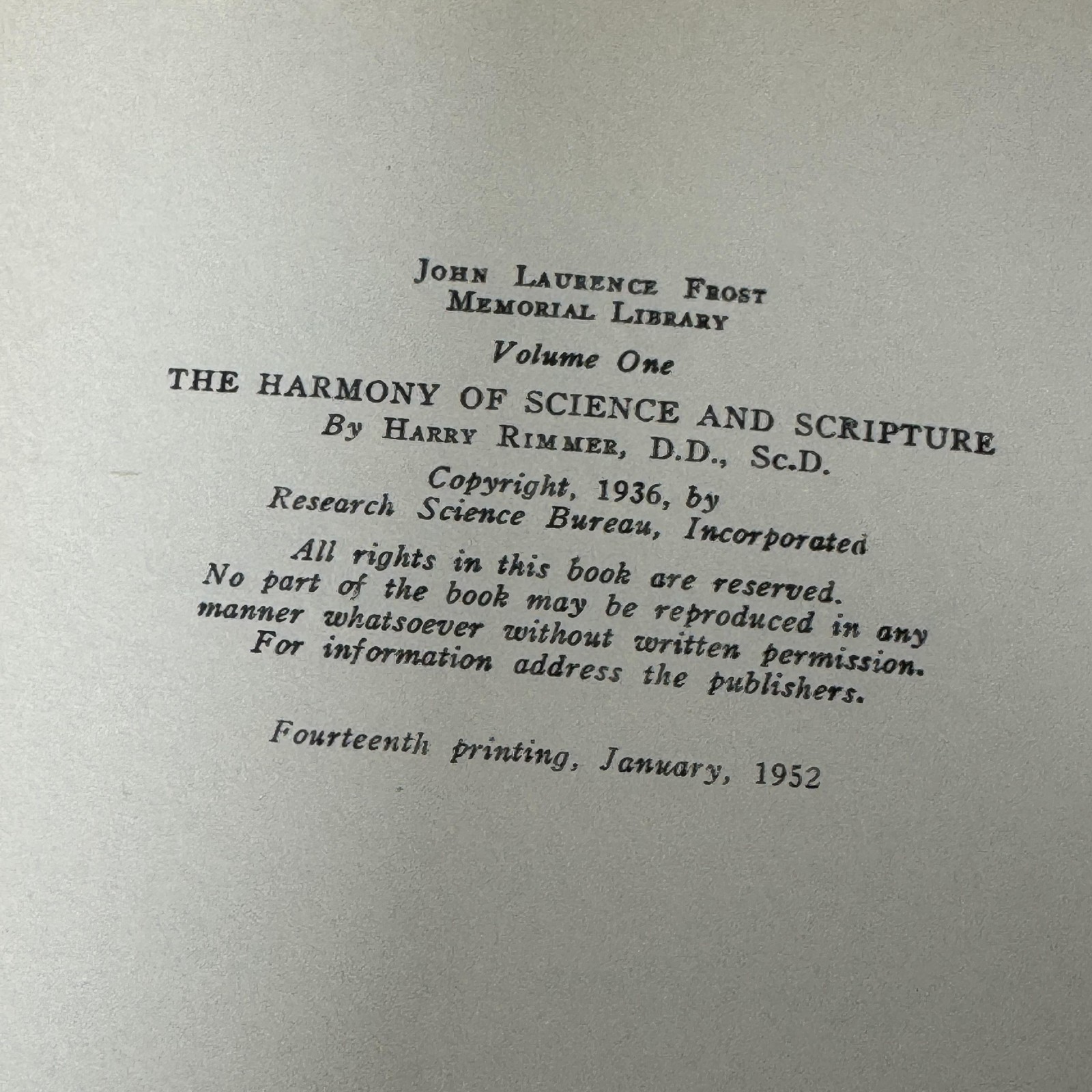 Vintage Harmony Of Science And Scripture Harry Rimmer Eerdmans 1952 HC DJ USA