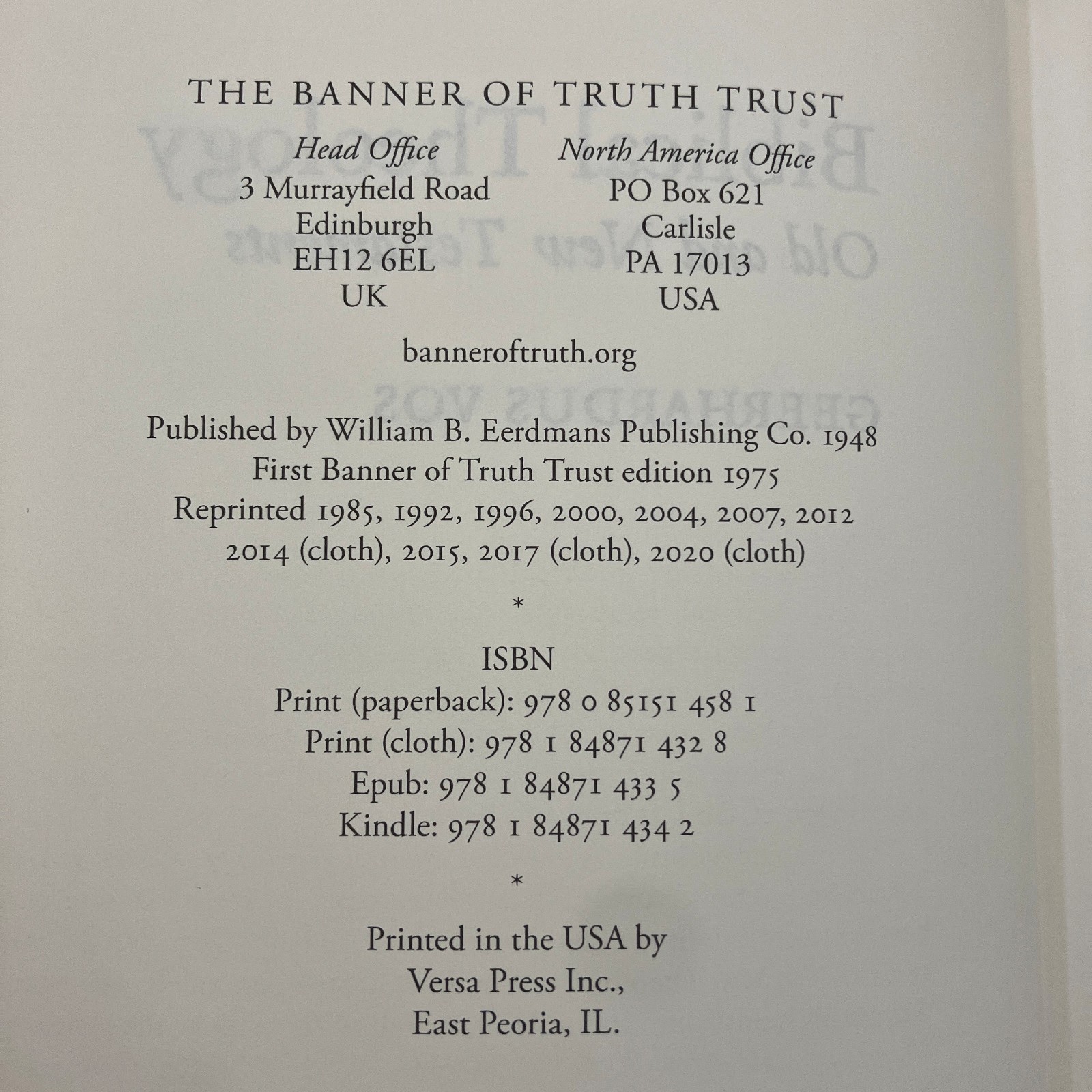 Biblical Theology Old and New Testaments by Geerhardus Banner of Truth 2020 HCDJ
