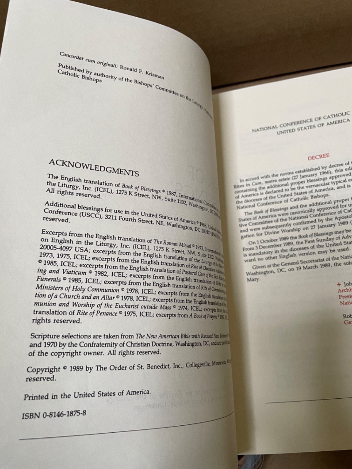 Book of Blessings: Ritual Edition Liturgical Press 1989 hardcover