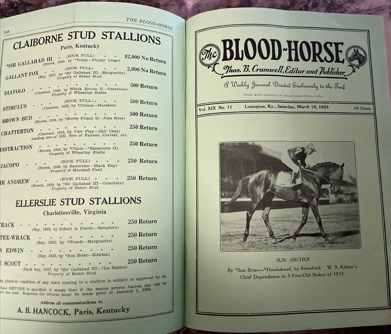 The Blood-Horse Weekly Journal 1933 Vol. 19 Thomas B. Cromwell Lexington, Ky