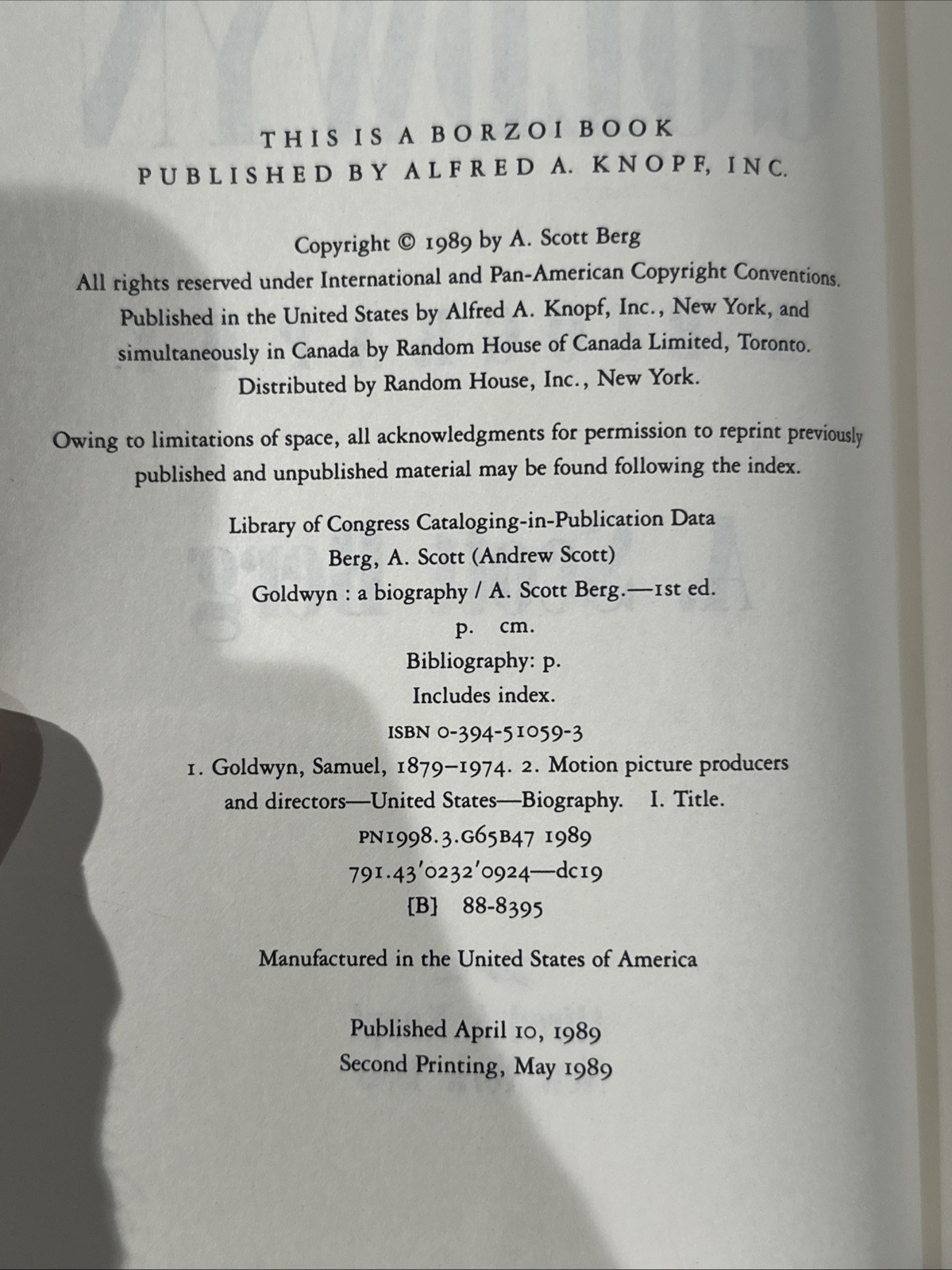 Goldwyn : A Biography by A. Scott Berg 1989 HC DJ B-10725
