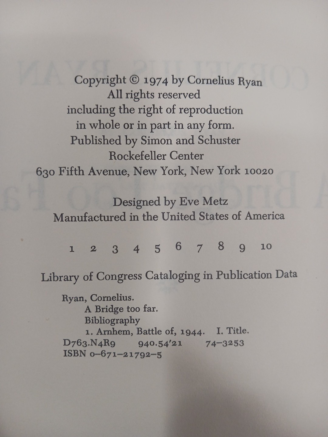 A Bridge Too Far Cornelius Ryan 1974 HC First Edition 1st Printing WW2 History