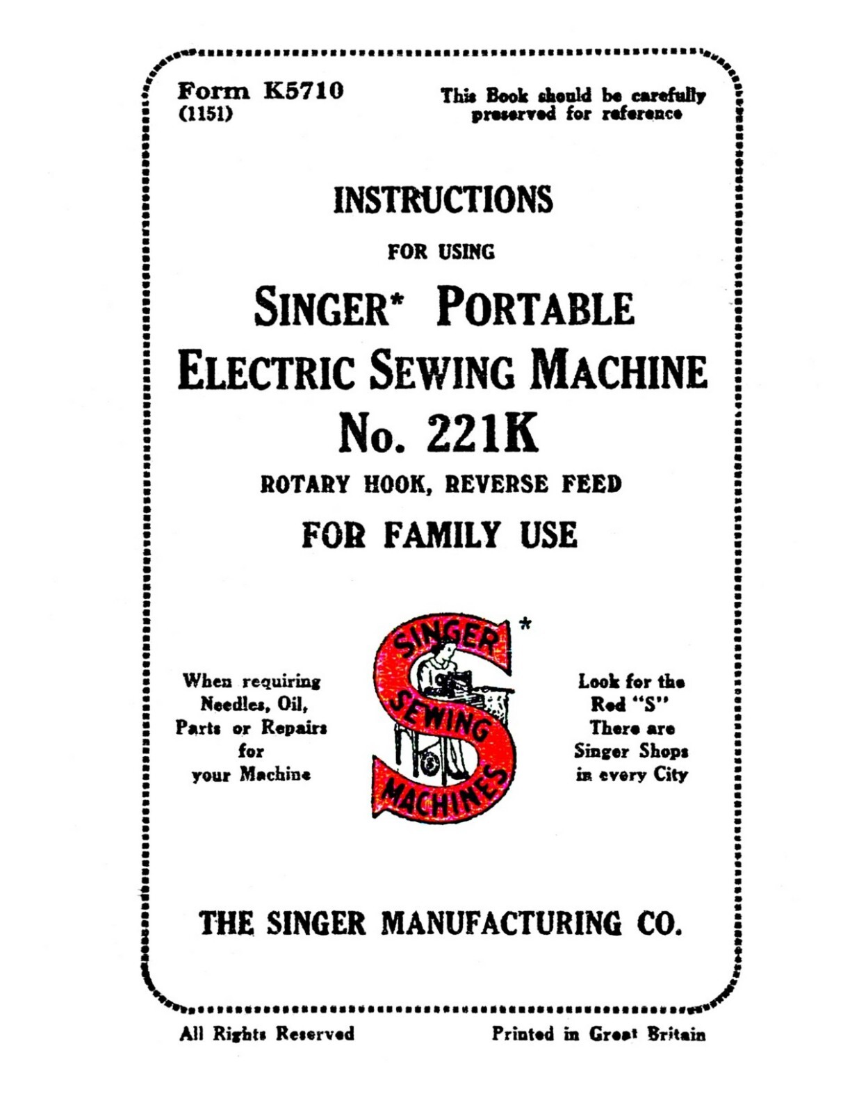 Singer Portable Sewing Machine 221K Instruction Manual “1951” (55 Page)