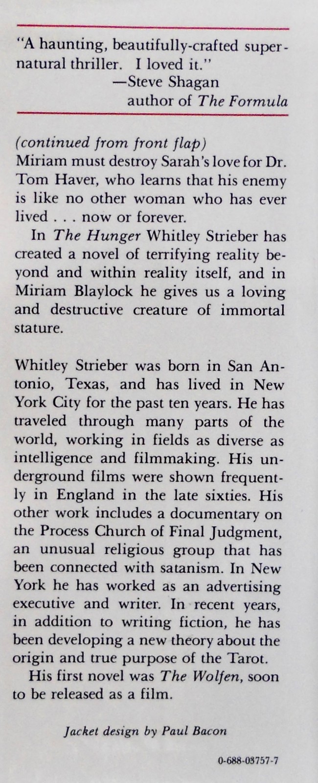 Whitley Strieber. THE HUNGER. Morrow, 1981. 1st HC/DJ. Author’s 2nd Book. Scarce