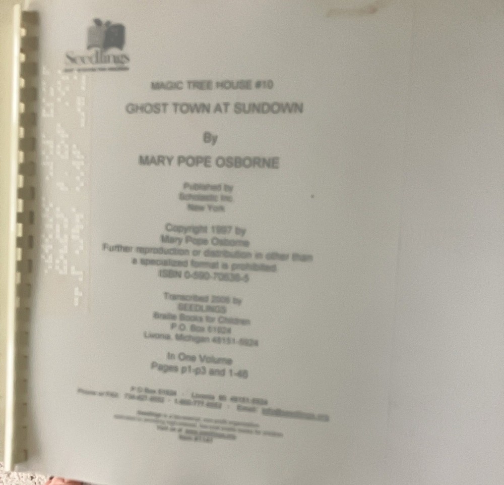 Braille Book: Magic Tree House “Ghost town at Sundown” Old braille form