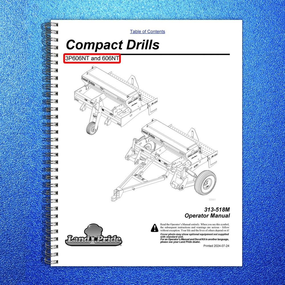 LAND PRIDE 3P606NT Compact Drills Operators Manual 2024 – WIRE BOUND – COVERS