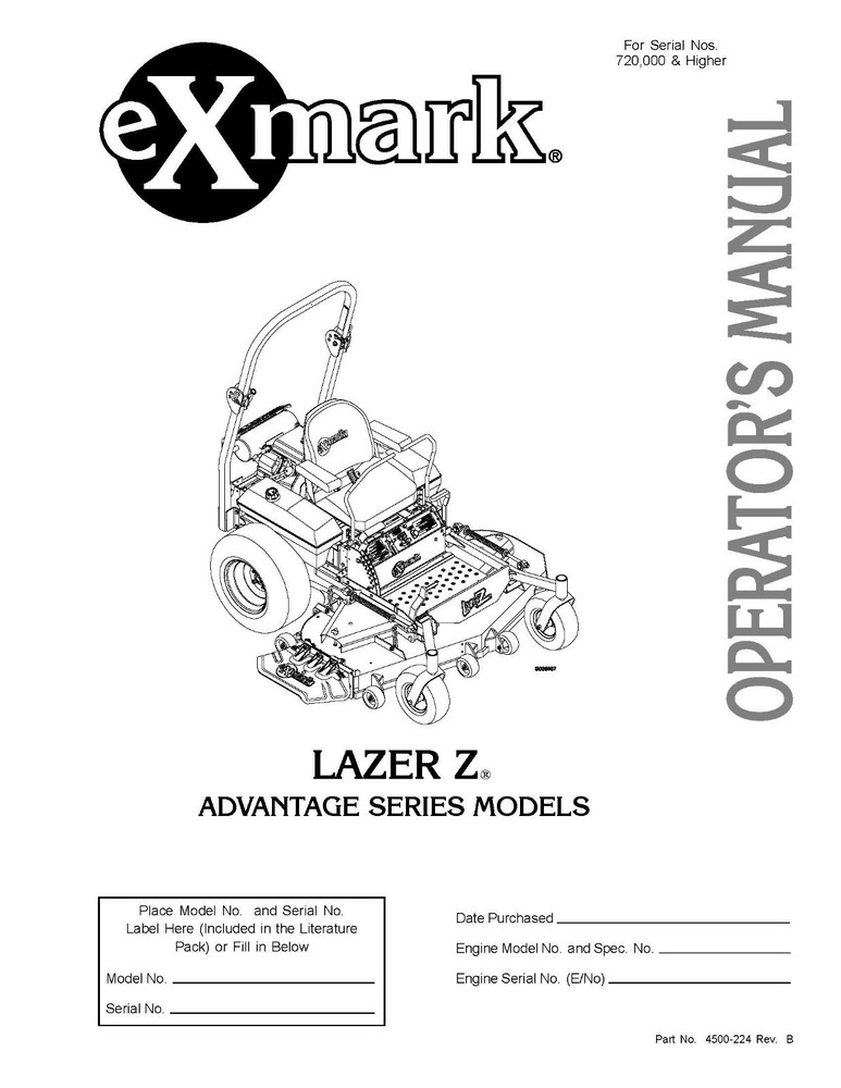 eXmark Lazer Z AS LAS28KA604 for SN 720K & Up Operator Manual & Part List