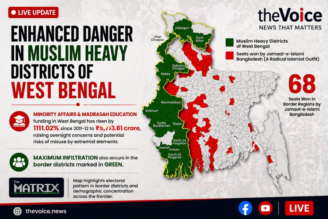 Infographic map showing Muslim-majority districts in West Bengal Infographic map showing Muslim-majority districts in West Bengal and highlighted border regions with security-related annotations