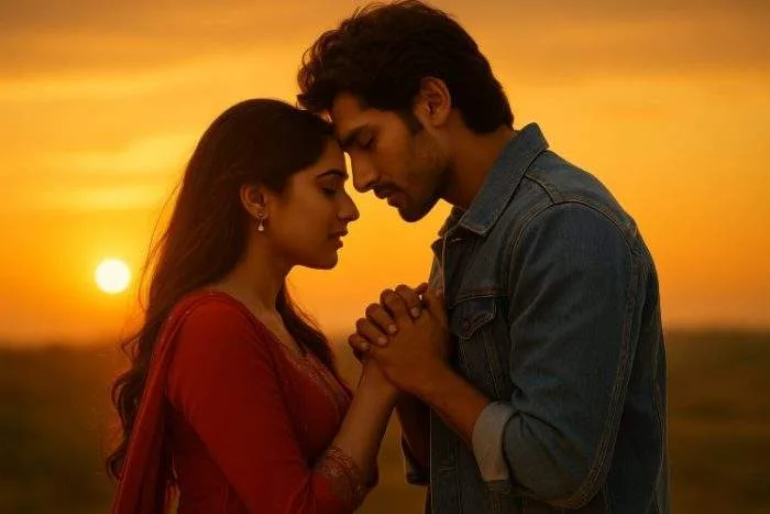 A South Asian couple shares a tender moment at sunset, holding hands and leaning foreheads together.