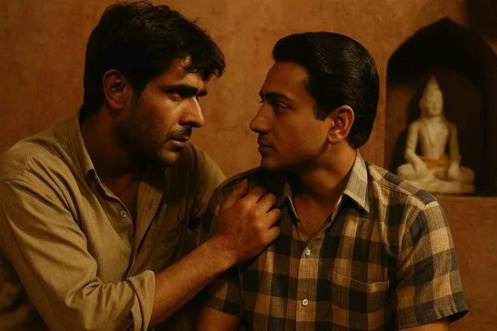 Two Indian men share an intense moment in a dimly lit room with a terracotta wall and a statue in the background.