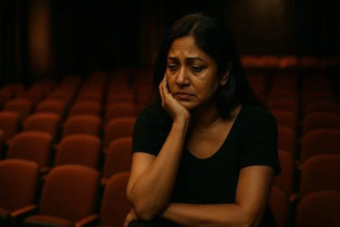 A pensive Bangladeshi actress reflecting alone in a dimly lit theatre.