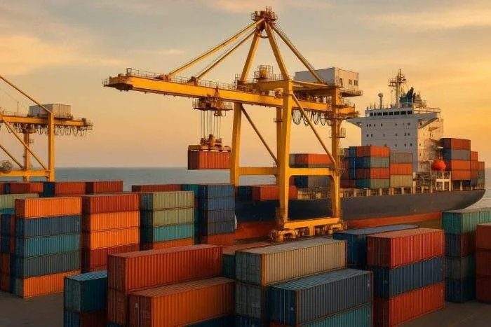 Shipping containers and cranes at a busy port during sunset.