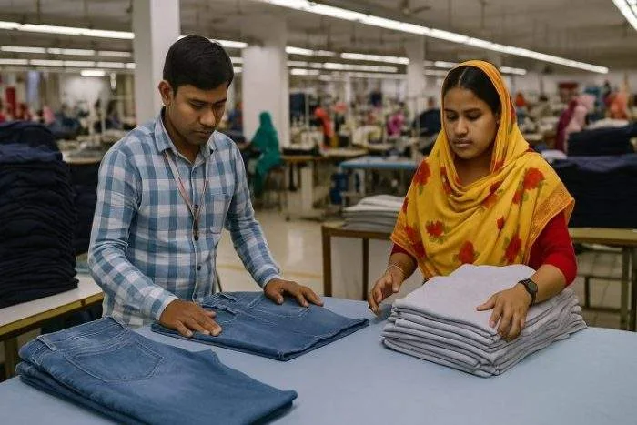 Two Bangladeshi garment workers inspecting jeans and t-shirts in a well-lit factory.