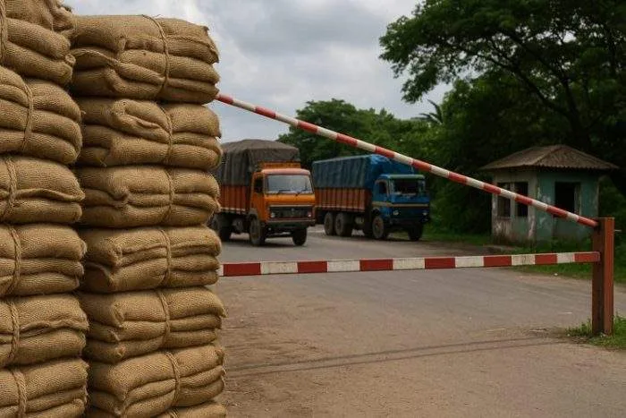 Stacks of jute sacks at a border checkpoint, with cargo trucks halted behind a red-white barrier near a small guardhouse.