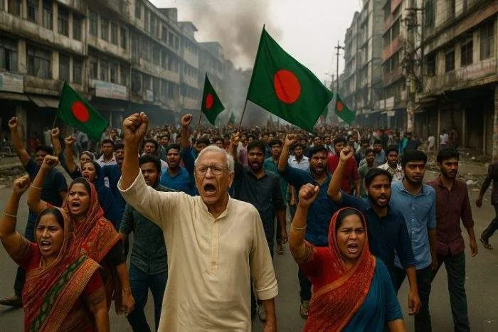 ঢাকার রাজপথে বিক্ষোভ; মুষ্টিবদ্ধ হাতে স্লোগান, জাতীয় পতাকা ও ধোঁয়ার কুন্ডলী।